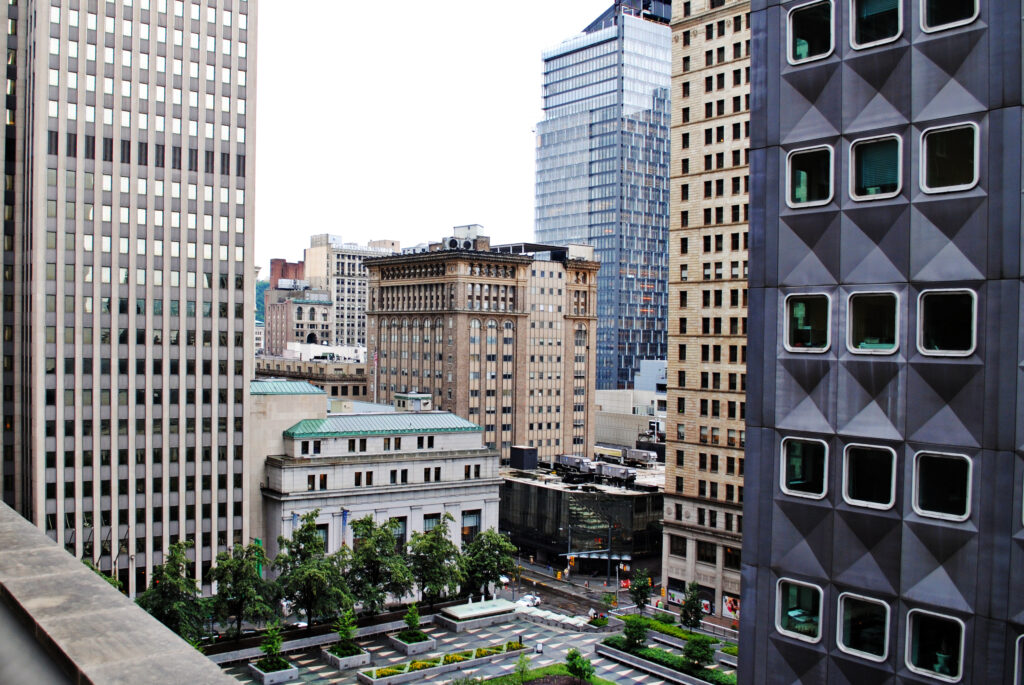 A view of the buildings of downtown Pittsburgh taken from the Hotel Monaco.
