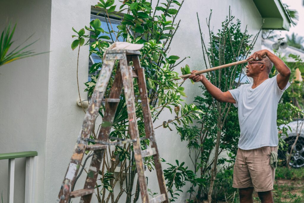 A homeowner paints the side of a house. A wood ladder is in the foreground, and the house is surrounded by green plants.